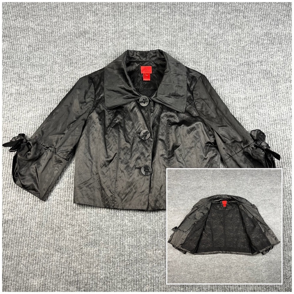 Vtg Y2K Black Satin Jacket Womens M‎ Crop Bow Sleeve Lace Lined Twee Whimsigot